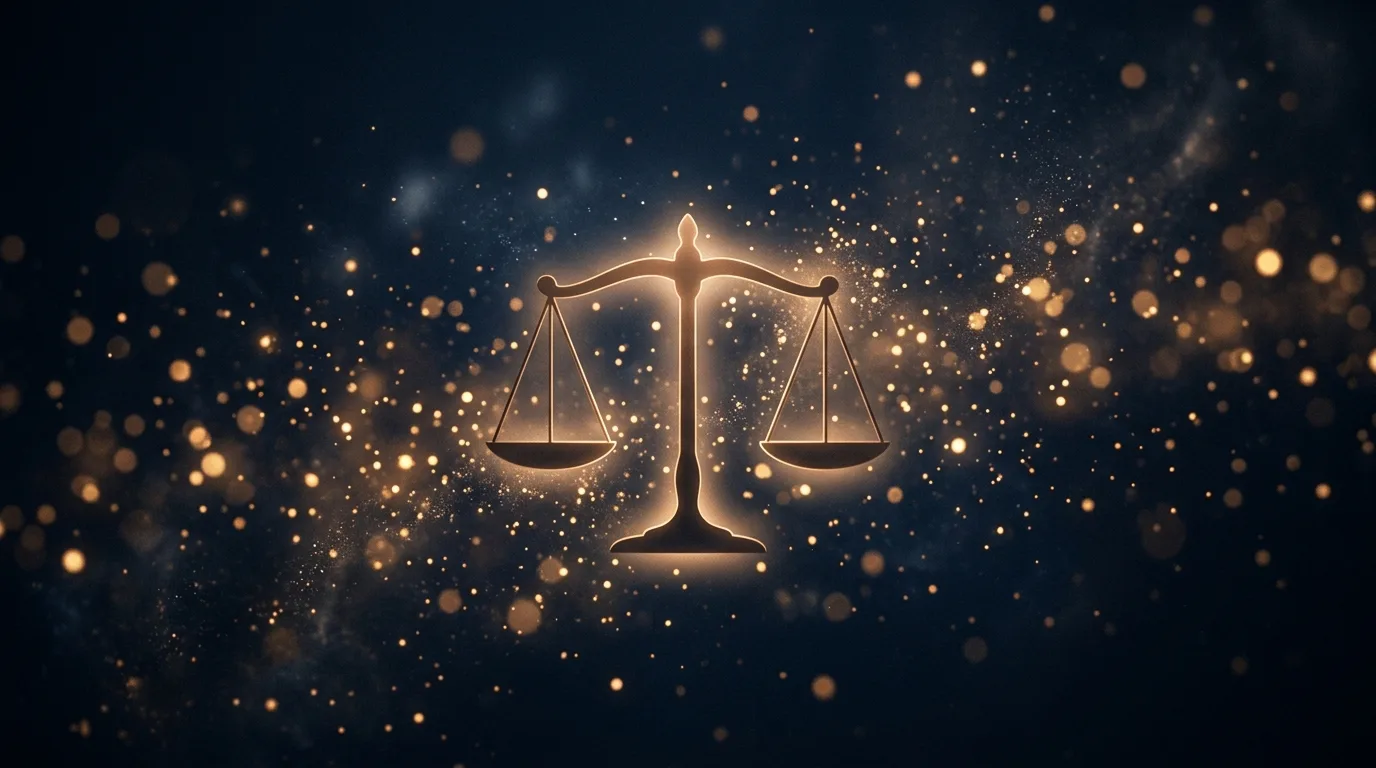Balanza de la justicia y partículas doradas